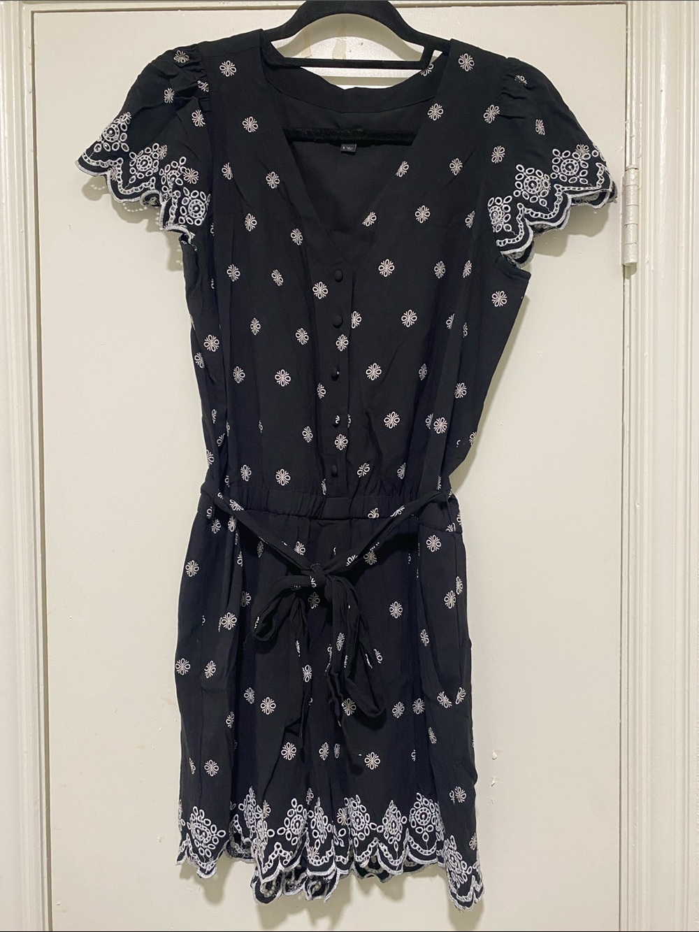 LOFT Black Romper with White Embroidered Trim